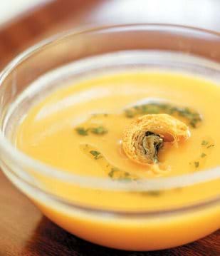 Cream Of Pumpkin And White Beans With Coriander Flavoured Olive Oil And Sliced Flaky Spinach Roll